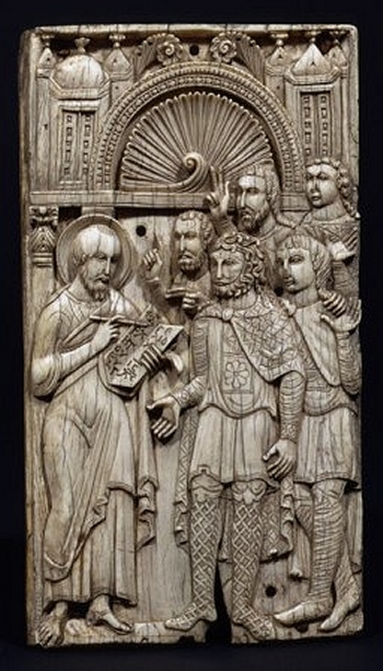 Tavoletta in avorio con S. Marco e un gruppo di cinque uomini (inizio VII sec. d.C.). Milano, Castello Sforzesco