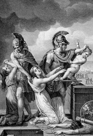 I greci gettano Astianatte (figlio di Andromaca ed Ettore) dalle mura di Troia, per porre fine alla stirpe troiana ed evitare che un giorno il bambino possa vendicare il padre
