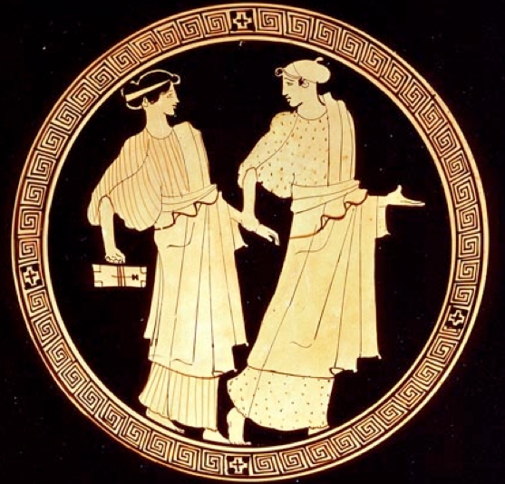 Esempi edificanti dal mondo antico. Le due donne, di cui una con la tabula scriptoria, non sono n etere n madri/tessitrici