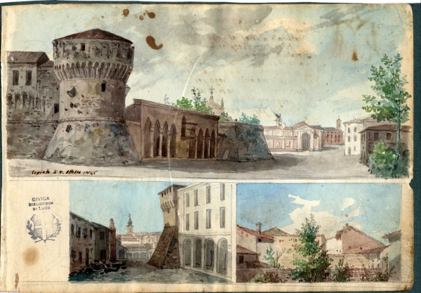 Acquarello di di Giovanni Bertazzoni raffigurante il lato nord-occidentale della Rocca di Lugo con il loggiato neogotico delle Pescherie, crollato nel 1892