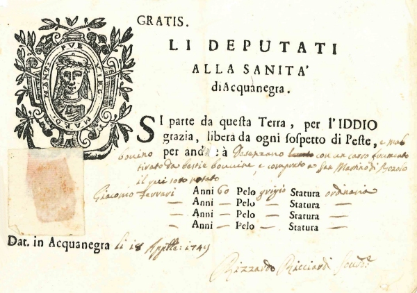 Fede di sanit di Giacomo Ferrari (lasciapassare sanitario) utilizzata nel tragitto da Acquanegra (BS), 18 aprile 1749
