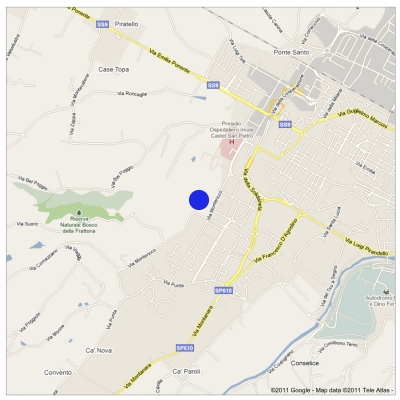 Il pallino blu indica l'area del rinvenimento. La via Emilia si trova a circa km 1,5 a nord, la via Montanara a circa 200 metri a est