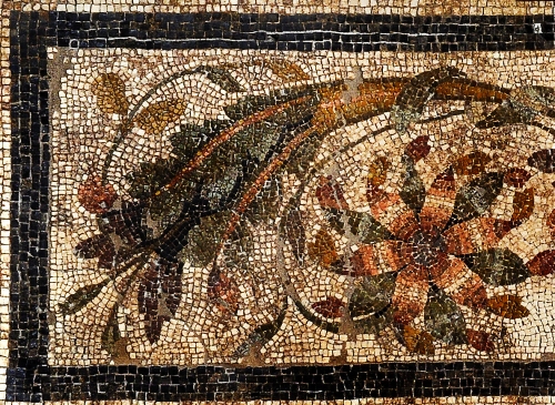 Particolare della decorazione policroma del mosaico con l'acanto e le volute fiorite