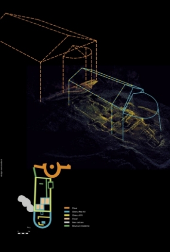 Ipotesi ricostruttiva della Pieve bizantina (arancione) e della successiva chiesa di XVI secolo (Ricostruzione 3D dello Studio Massimo Bottini di Santarcangelo di Romagna)