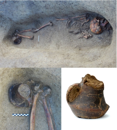 Forl, necropoli di Via Celleta dei passeri. Sepoltura con dettaglio del vaso e del suo posizionamento ai piedi del defunto