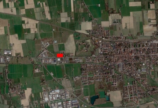 veduta aerea di Castelfranco Emilia, in rosso la mansio