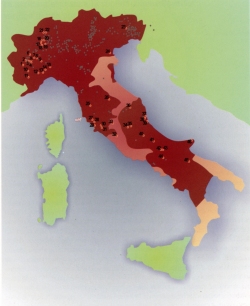 Territori longobardi (rosso scuro) e bizantini (pi chiari)