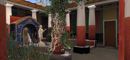 Installazioni digitali: viridarium di domus con fontana decorata dalla maschera presente nelle collezioni dei Musei Civici di Reggio Emilia